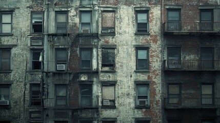 Weathered Brick Building with Windows and Balconies