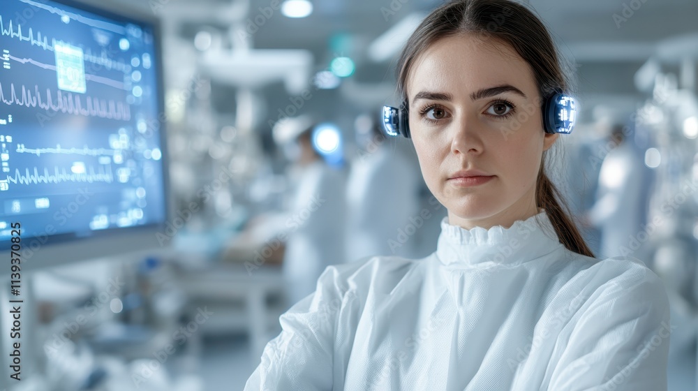 Aufkleber scientist in futuristic lab with brain computer interface