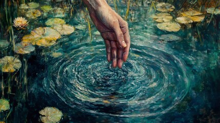 Fototapeta premium hand touches water in the pond