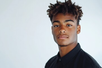 Obraz premium Confident Young Man with Stylish Hair and Black Shirt Posing Against a Light Background