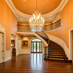 staircase in a luxury modern living room. Foyer with curved staircase. interior of a modern room with curved staircase.