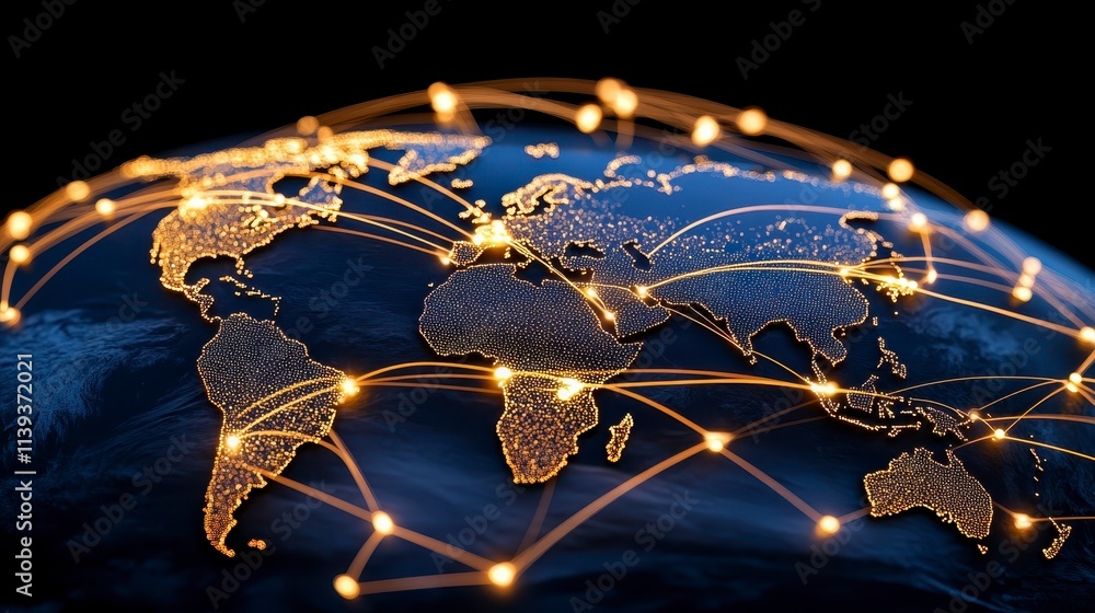 Poster global network connections digital world map data exchange