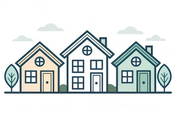 A Row of Charming Pastel-Colored Houses with Simple Designs and Small Trees