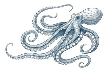 Obraz premium An Intricate Detailed Drawing of an Octopus with Eight Tentacles, Each Featuring Suckers, in a Nautical Blue Hue on White Background