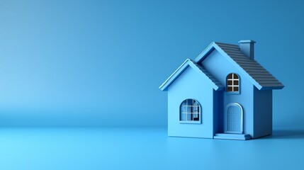 3D model of blue house with roof, windows, door, and chimney against a blue background.