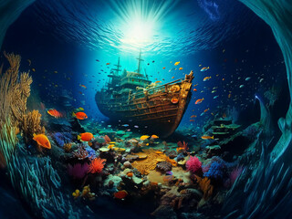 Underwater Shipwreck Surrounded by Vibrant Marine Life