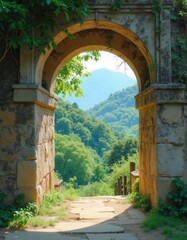 Obraz premium Stone Archway Mountain View Pathway 