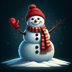 Illustration of a smiling snowman with a red hat, scarf and gloves, on a snowy dark blue background, ideal for winter and Christmas themes.


