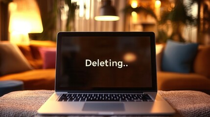 Laptop computer screen displaying deleting message in dark room with warm ambient lighting