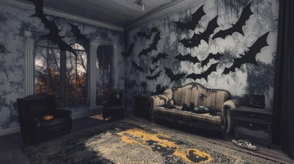 Haunted Mansion Halloween Interior: Spooky Bats, Old Furniture, and Autumnal Window View