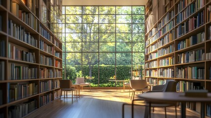 Modern library or bookstore interior with Learning and coworking space,relax zone,Library with rows of bookshelves arranged,school,university,shared desk and chairs,panoramic window.