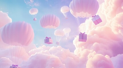 Obraz premium A Box flying on a parachute with pink cloud,vector illustration of package flying down from sky and cloud with parachute, concept for delivery service,shopping online,air delivery service.