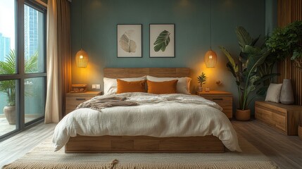 A modern bedroom with a tropical vibe, featuring a teal wall, wooden furniture, and lush plants.