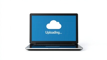 Laptop screen showing cloud upload symbol with loading message