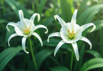 Fototapeta premium White Spider Lilies in Green Foliage 