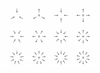 Arrow circle pointing inward and ourward icon set. editable stroke vector illustration