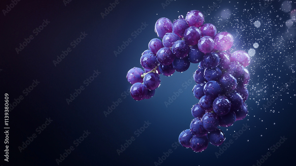 Poster purple grapes splashing: a vibrant bunch of purple grapes explodes with water droplets against a dee