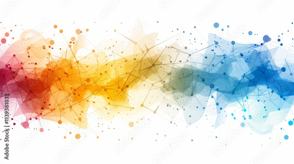 Poster abstract colorful network with dots and lines on white.