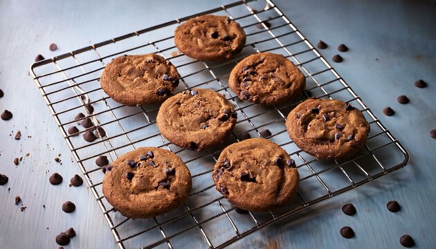 Chocolate chip cookies cooling on a wire rack. A delicious treat!