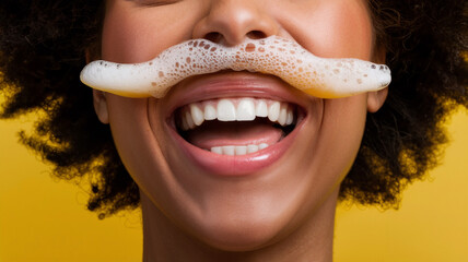 A close-up of a black woman smiling widely with a mustache made of beer foam
