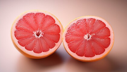 Juicy grapefruit halves, vibrant red segments against a soft background.