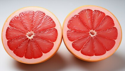 Two halves of a juicy grapefruit, vibrant red segments glistening.