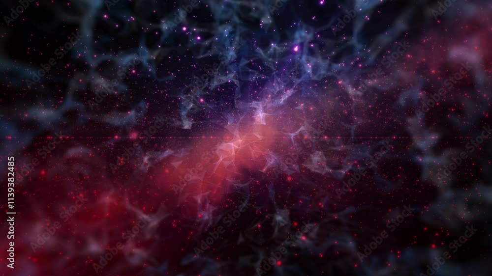 Poster artistic dark red blue cyber universe with lines dots triangle shapes animation.