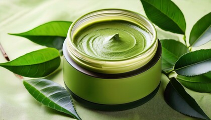 Green tea face mask in a jar, surrounded by fresh leaves. Natural beauty!