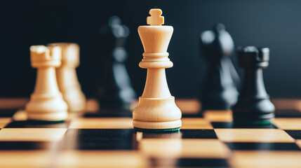 Chessboard Strategy: A close-up of a white chess king standing tall and defiant on a chessboard, surrounded by fallen black pieces, symbolizing strategic thinking, decisive moves.