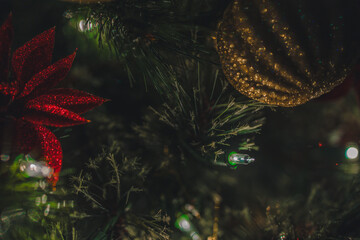 A beautiful lit-up Christmas tree at night with bright lights and red and gold ornaments during the...