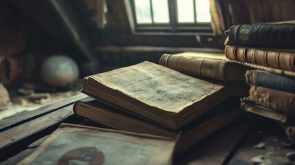 Old Books with Handwritten Notes and Diagrams in an Attic