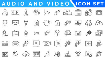 Audio and video web icons set in thin line design. Pack of camera movie, voice, radio, music streaming, photography, headphones, cinema, podcast, broadcasting, other.
