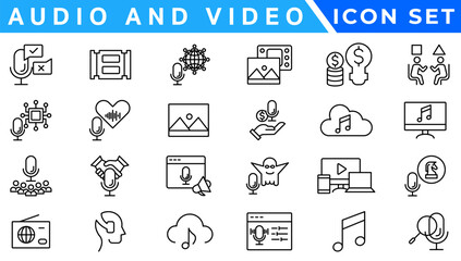 Audio and video web icons set in thin line design. Pack of camera movie, voice, radio, music streaming, photography, headphones, cinema, podcast, broadcasting, other.