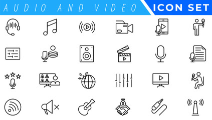 Audio and video web icons set in thin line design. Pack of camera movie, voice, radio, music streaming, photography, headphones, cinema, podcast, broadcasting, other.