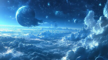 A celestial landscape with a blue planet and stars in the sky above white clouds