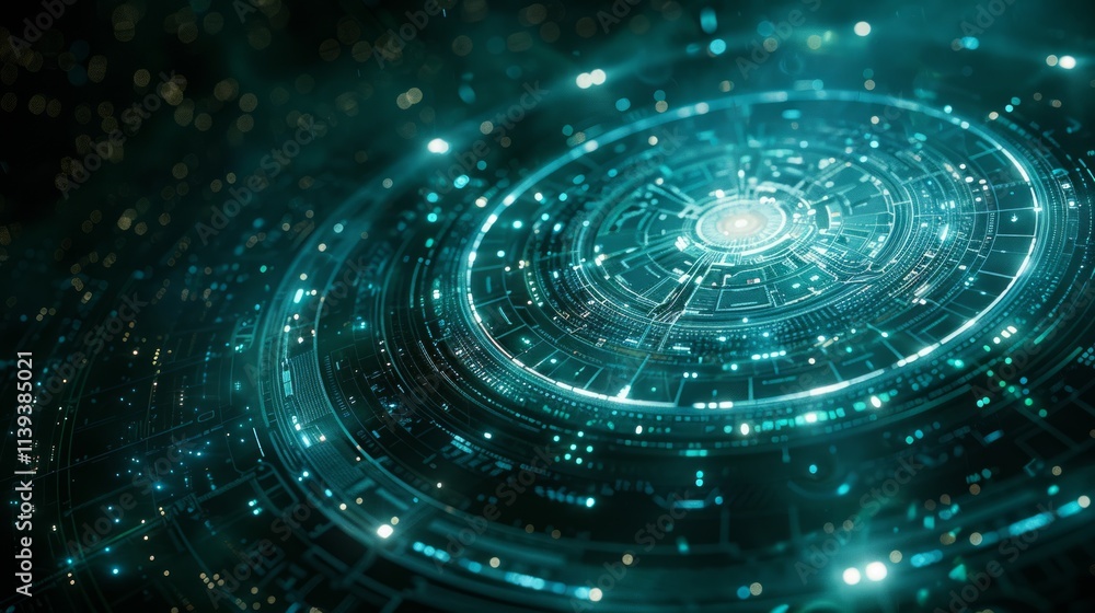 Poster abstract glowing circular tech pattern with circuits.