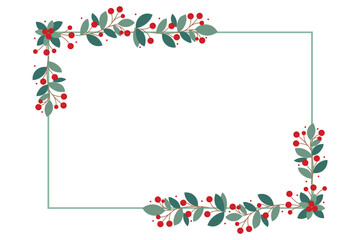 Rectangular Frame With Beautiful Red Cherry Berries And Green Leaves