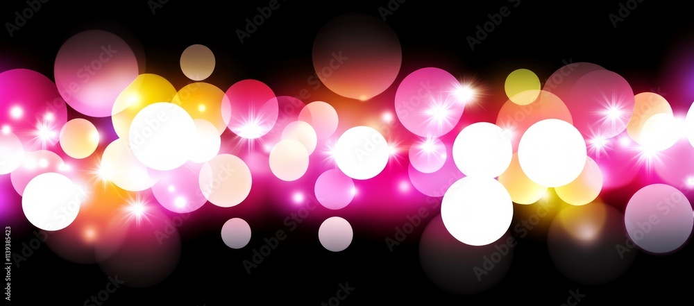 Poster abstract lights pattern of colorful circles on black background.