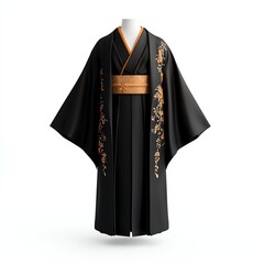 A traditional black kimono with intricate floral embroidery and a contrasting orange obi belt, showcasing elegant Japanese fashion.