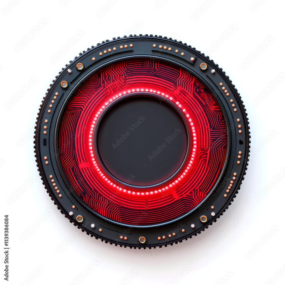 Poster futuristic camera lens with intricate circuit design and red lights.