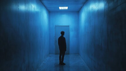 Silhouette of a Person Standing in a Blue Hallway