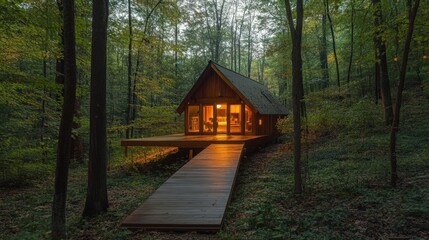 Illuminated Cabin nestled within a verdant forest setting