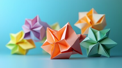 Abstract geometric origami structures, precisely folded from crisp paper, on a matte backdrop.