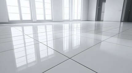Fototapeta premium Bright and Spacious Modern Interior with Clean White Tile Floor Reflecting Natural Light and Windows in a Contemporary Design Setting