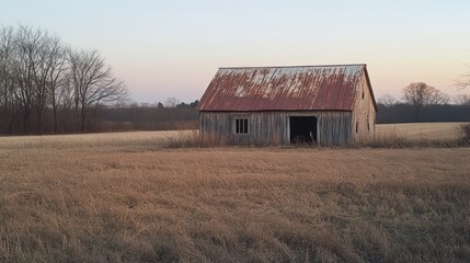 Fototapeta premium Rustic Old Barn in Winter Field at Sunset