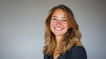 Fototapeta premium Radiant Smile A Young Womans Joyful Portrait Against a Neutral Backdrop