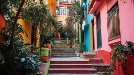 Fototapeta premium Colorful Buildings Line A Steep Stairway