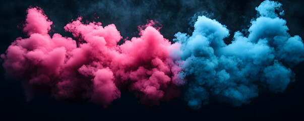 Naklejka premium Abstract Pink and Blue Smoke Clouds Background, A Vivid, Dreamlike Digital Illustration of Colorful Vaporous Forms Against a Dark Background.