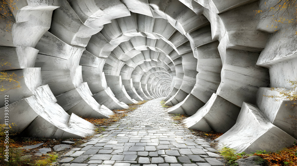 Poster abstract concrete spiral tunnel, a pathway through geometric architecture leading to an unknown dest