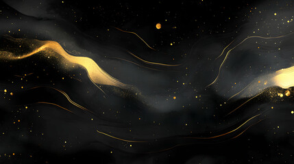 Abstract Gold and Black Swirls, Elegant Cosmic Background, Celestial Dust, Glowing Galaxy, Night Sky,  Dark Art, Luxury Texture,  Fluid Design, Golden Sparkles,  Metallic Shimmer